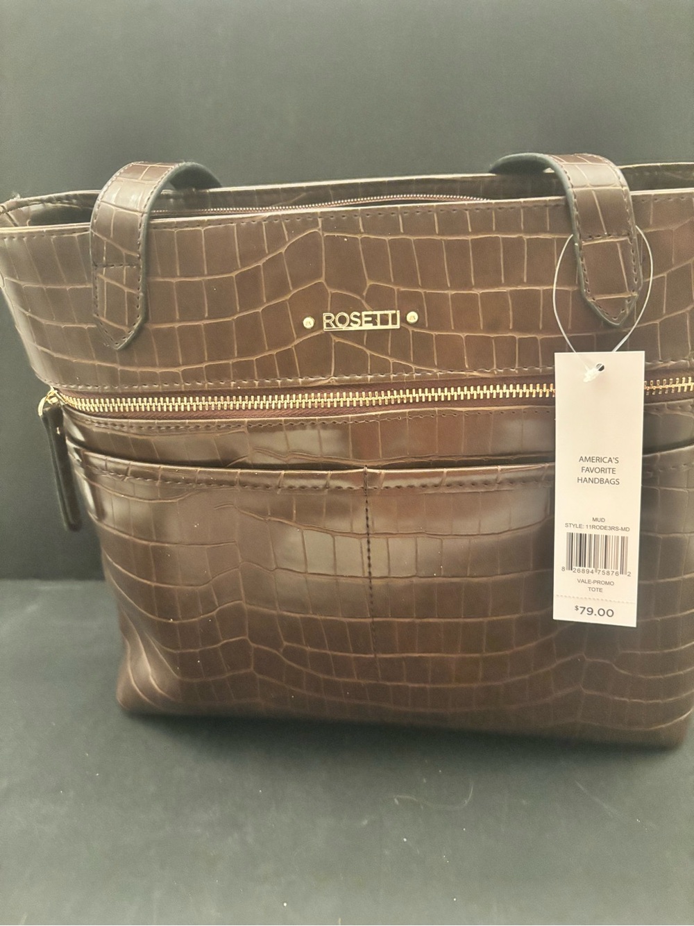 Rosetti Dark Brown Croc-Embossed Tote with Front Zip